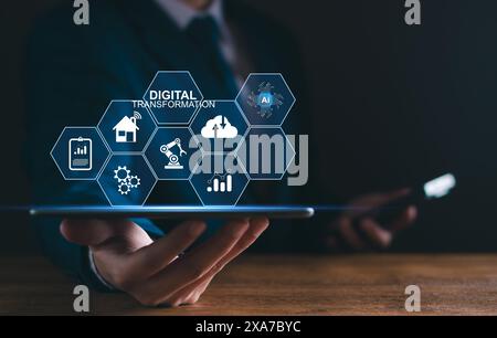 Digital transformation AI technology strategy, digitization and digitalization of business processes and data, Artificial Intelligence, optimize and a Stock Photo