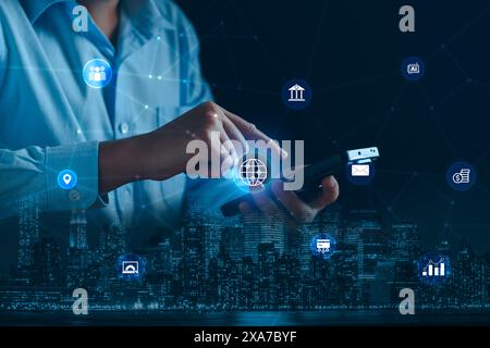 Digital business global connection concept. Business man touching on global internet connection software AI technology digital communication, market, Stock Photo