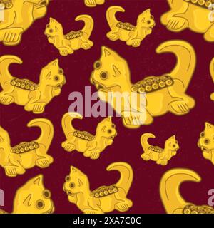 Beautiful colombian ancient indigenous golden feline representation seamless pattern over a violet worn out background Stock Vector