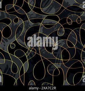 beautiful hand draw golden lines seamless pattern with black and white halftoned effect Stock Vector