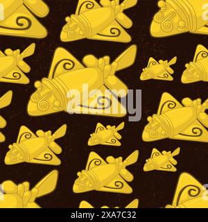 Beautiful colombian ancient indigenous flying animal golden representation seamless pattern over a black worn out background Stock Vector