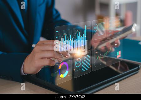 KPI business analysis concept. Businessman using KPI dashboard virtual screen analyze data report, business tend, marketing, company finances, investm Stock Photo