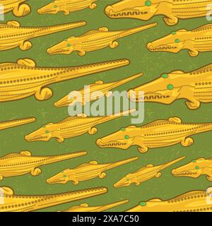 Beautiful colombian ancient indigenous crocodile golden representation seamless pattern over a green worn out background Stock Vector
