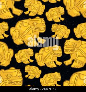 Beautiful colombian ancient indigenous golden dog representation seamless pattern over a black worn out background Stock Vector