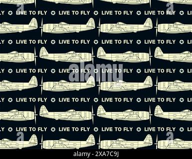 Vintage white airplane set collage with Live to fly legend, military logo and and dark blue color at background Stock Vector