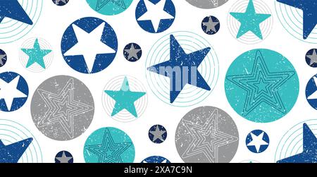 blue and grey circle and stars seamless pattern with worn out effect Stock Vector