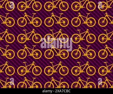 Mountain Bicycle vector set collage with Vibrant yellow and violet colors and bike chain pattern at background Stock Vector