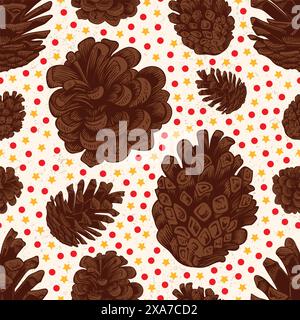 Beautiful christmas hand drawing pine cone seamless pattern with yellow stars and red dots Stock Vector