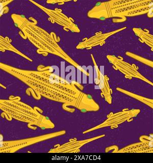 Beautiful colombian ancient indigenous Lizard representation seamless pattern over a violet worn out background Stock Vector