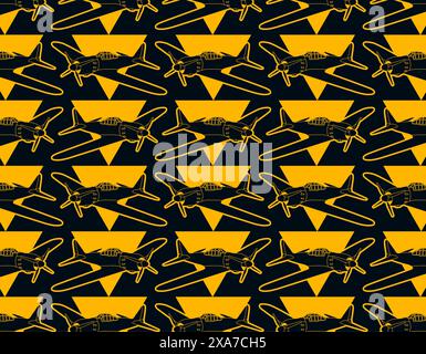 Vintage dark blue airplane set collage with orange triangles pattern and dark blue color at background Stock Vector