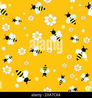 Cute striped Bee around white flowers chamomile. Vector Seamless pattern. Stock Vector
