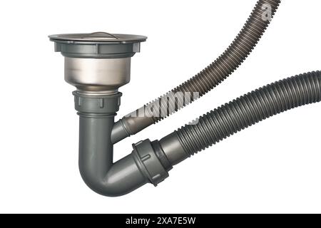 drain pipe or sewer of kitchen sink isolated white background, plastic or pvc flexi pipe tube connection with stainless steel drainage of washbowl Stock Photo