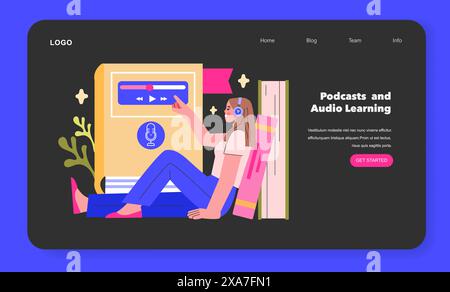 Podcasts and Audio Learning concept A learner tunes into an educational podcast, combining leisure with learning through audio platforms Vector illustration Stock Vector