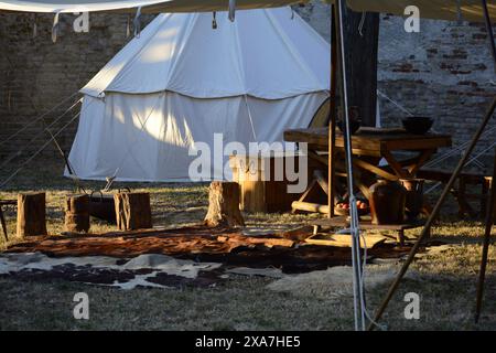 Several tents pitched in a yard for a wedding reception outdoors Stock Photo