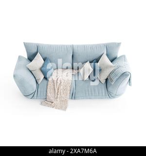 A Blue couch with white and grey throw and pillows on top Stock Photo