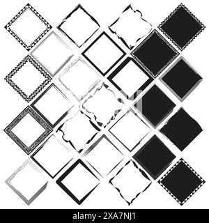 Diverse vector frames collection. Assorted black and white border designs. Decorative square elements set. Classic to modern frame styles. Stock Vector