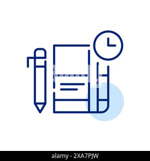 Daily planner book, clock and pen. Productive planning, timelines to enhance productivity and time management skills Stock Vector