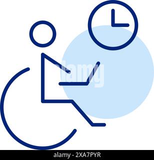Wheelchair user at a laptop, with a clock. Inclusive workspace and studies. Pixel perfect, editable stroke icon Stock Vector