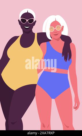 Two elderly women in swimsuits and sunglasses standing in an embrace. Seniors on summer vacation. Vector flat illustration Stock Vector