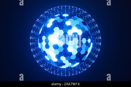Abstract hexagonal sphere, neon glowing sphere, 3d rendering. 3d illustration. Stock Photo