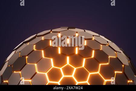 Abstract hexagonal sphere, neon glowing sphere, 3d rendering. 3d illustration. Stock Photo