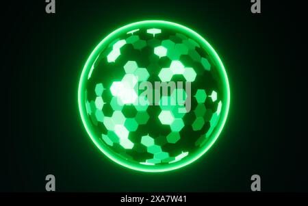 Abstract hexagonal sphere, neon glowing sphere, 3d rendering. 3d illustration. Stock Photo