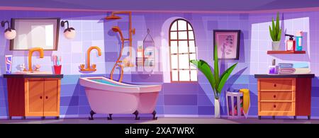 Modern bathroom interior design. Vector cartoon illustration of tiled room with bath, shower, sink and mirror, body care cosmetic bottles, towels, green plant on wooden shelf, daylight in window Stock Vector