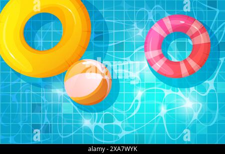 Summer rest background with top view on pool with inflatable rings and ball on blue water with ripple effect. Cartoon vector illustration of bottom outdoor swimming surface with floating rubber toys. Stock Vector