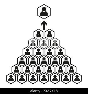 Hierarchical network vector. Leadership structure icon. Team organization chart. Hexagonal people pyramid. Stock Vector