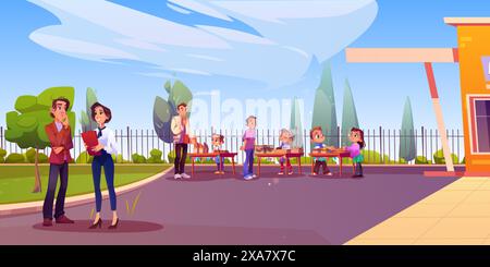 School children summer event - food festival with kids selling cookies, cakes and pastries, and parents or teachers on schoolyard. Cartoon vector boys and girls stand near tables with sweet desserts. Stock Vector