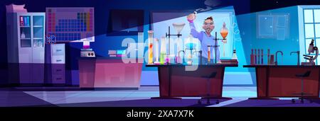 Male doctor or scientist in school or university classroom at night standing near table with chemical glass beakers and tubes and running experiment. Cartoon vector male researcher with glassware. Stock Vector