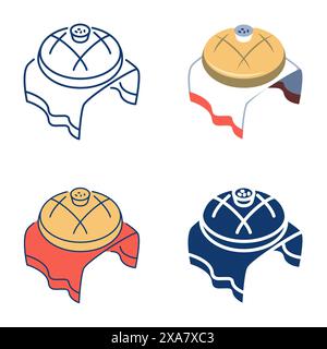 Traditional karavai icon set in flat and line style. Slavic bread and salt welcome tradition. Vector illustration. Stock Vector