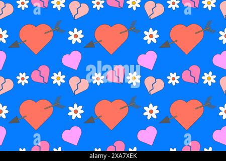 Bright seamless pattern with hearts and flowers in Memphis retro style. Ideal for Valentines Day, wedding invitations, festive decorations, and more. Stock Vector