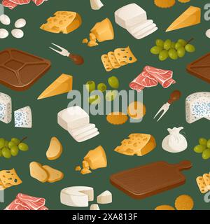 Seamless pattern of different types of cheeses and fruits. Appetizers, snacks for wine on a green background. Vector illustration. Stock Vector