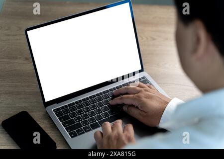 young man working Businessman using a desktop computer of the blank screen Stock Photo