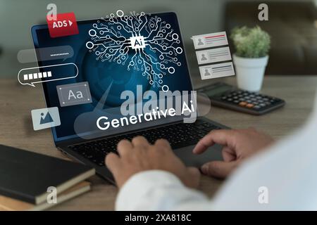 businessman using computer generate ai, chat ai data analysis data online network Artificial Intelligence Stock Photo