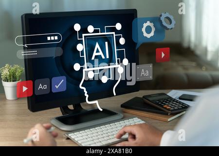 businessman using computer generate ai, chat ai data analysis data online network Artificial Intelligence Stock Photo