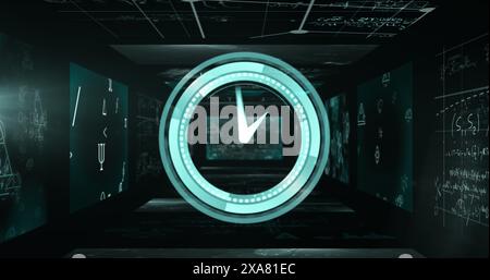 Image of clock moving over scientific data processing on screens Stock Photo