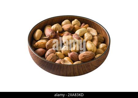 Roasted mixed nuts in wooden bowl on isolated white background Stock Photo