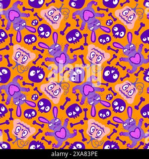 Halloween monsters seamless bunnies and pumpkins and skulls pattern for wrapping paper and fabrics and linens and kids clothes print and autumn party Stock Photo