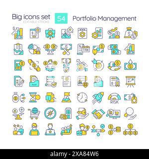 Portfolio management RGB color icons set Stock Vector