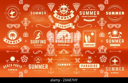 Summer labels and badges design set retro typography for posters, greeting cards and banners. Summer holidays icons and design elements collection. Stock Vector