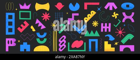 Set of simple abstract geometric and organic freeform shapes. Vibrant colors of various hand drawn figures and different forms in modern trendy style. Textured random objects, doodle design elements. Stock Vector