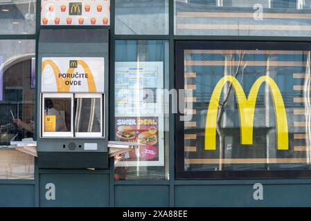 Exterior of a McDonald's fast food store in Belgrade, Serbia.  April 2024. Stock Photo