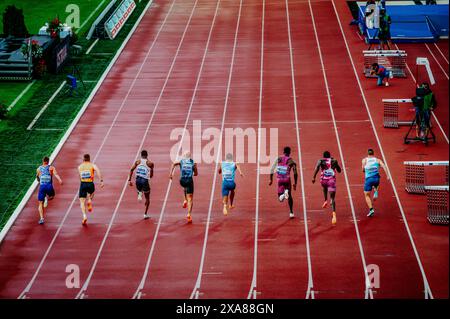 OSTRAVA, CZECHIA, MAY 28, 2024: 100 Meter Sprint: Top Sprinters Take Off from the Starting Blocks. Pre race before summer olympics Paris 2024 and Euro Stock Photo