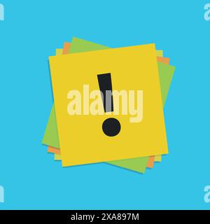 Exclamation mark on stacked sticky notes on blue background Stock Vector
