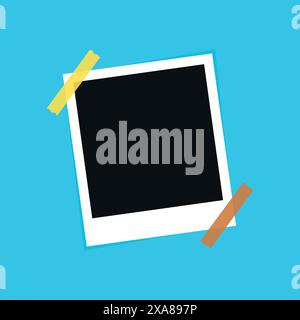Vintage photo frame with adhesive tape on blue background. Vector EPS10 Mockup. Retro photo frame template Stock Vector