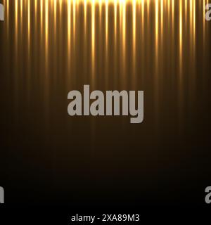 Gold light vertical lines on black background. Glowing abstract futuristic shiny pattern. Bright rays on dark background. Golden stage curtain. Vector Stock Vector