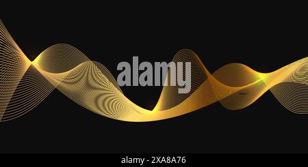Gold abstract waves, golden line landscape vector illustration isolated on black background. Luxury glitter shiny swirls pattern. Elegant modern Stock Vector