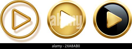 Collection of gold, black and white play buttons vector illustration. Abstract golden shiny circle rings on white background with triangle. Play icons Stock Vector